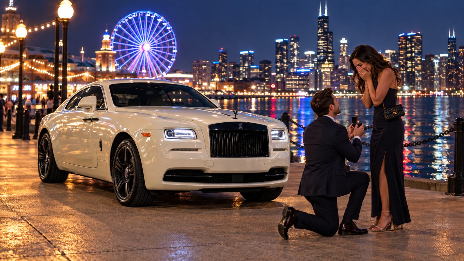 A proposal beside a white Rolls-Royce Wraith at Navy Pier at night