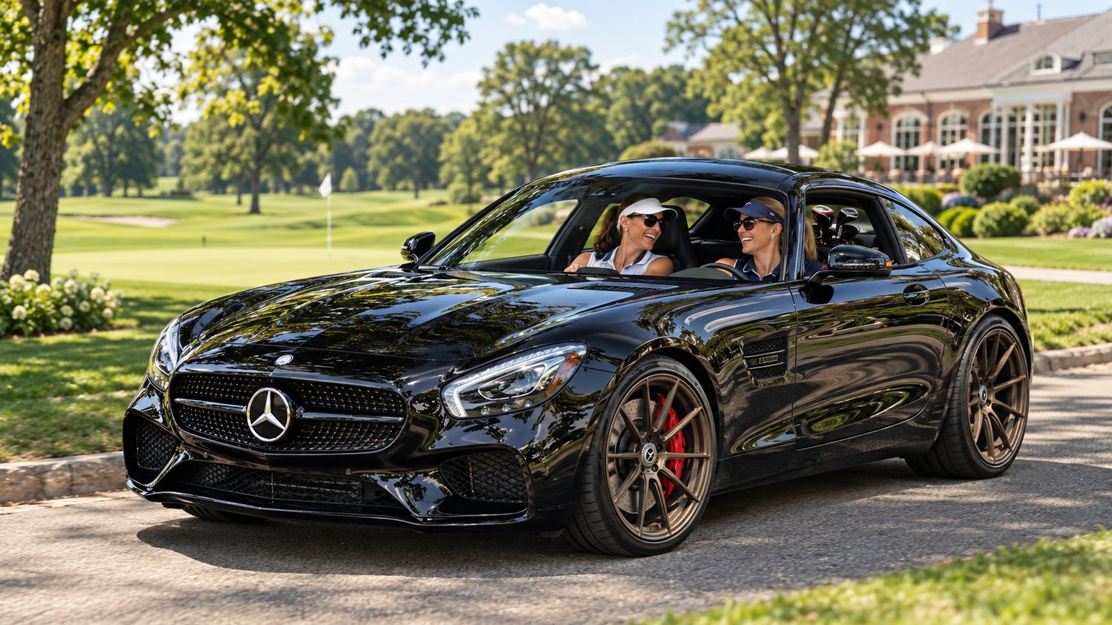Friends in a black Mercedes-AMG GT arrive for a golf day at a country club