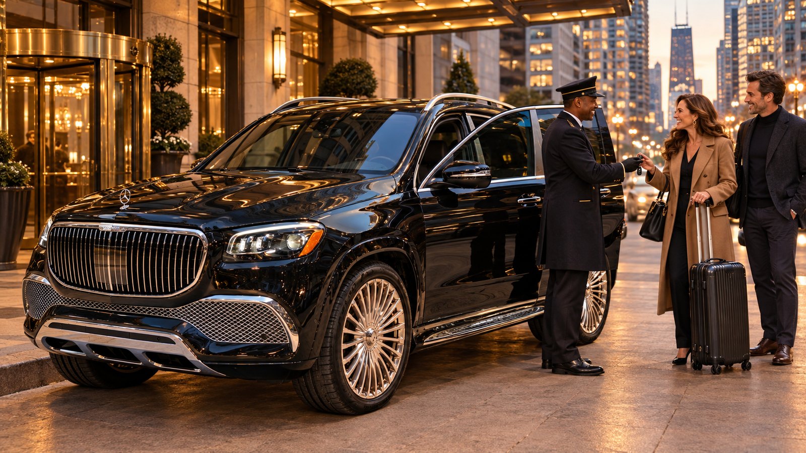 A chauffeur greets travelers with luggage beside a black Mercedes-Maybach GLS 600 at a Chicago hotel