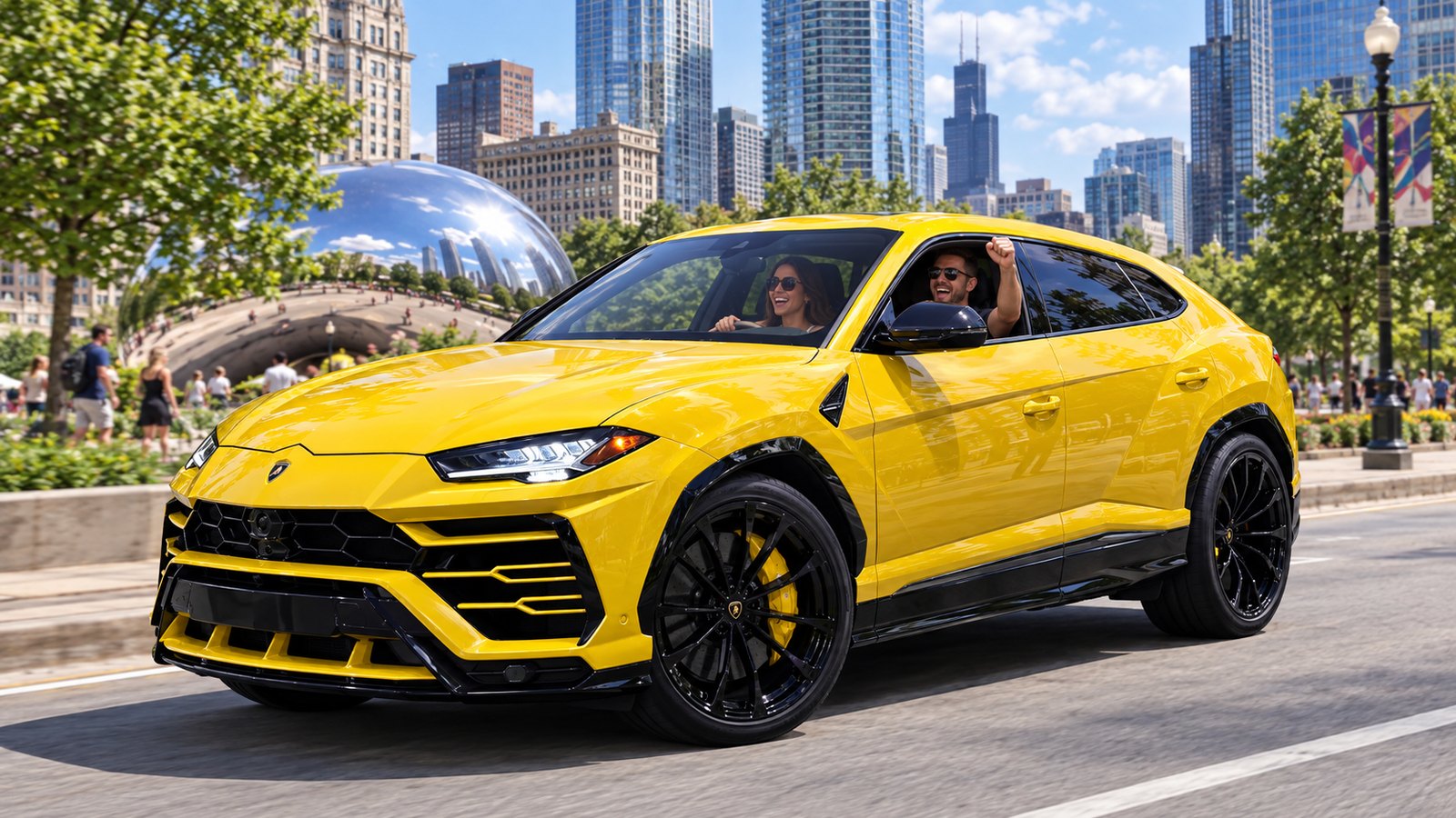 A yellow Lamborghini Urus beside Millennium Park and Cloud Gate on a sunny day