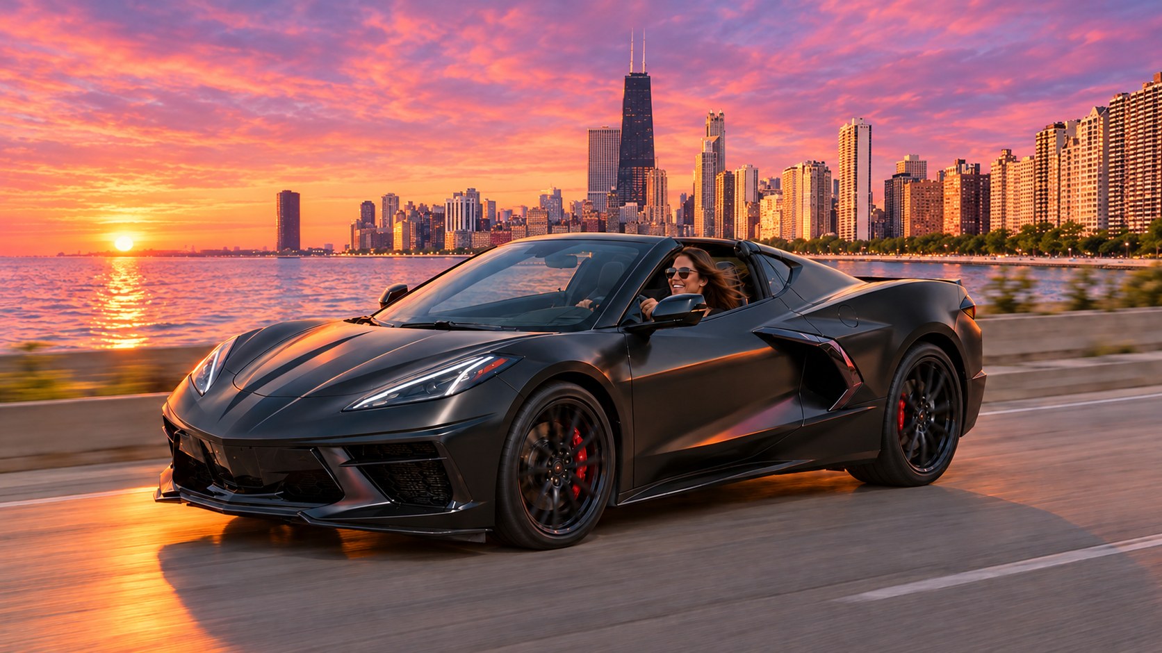 Illustration: A woman drives a black Corvette C8 on Lake Shore Drive at sunset, the Chicago skyline behind