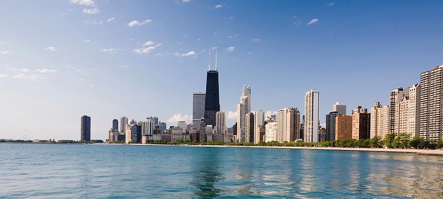 The Gold Coast and Oak Street Beach from the lake, the Hancock above
