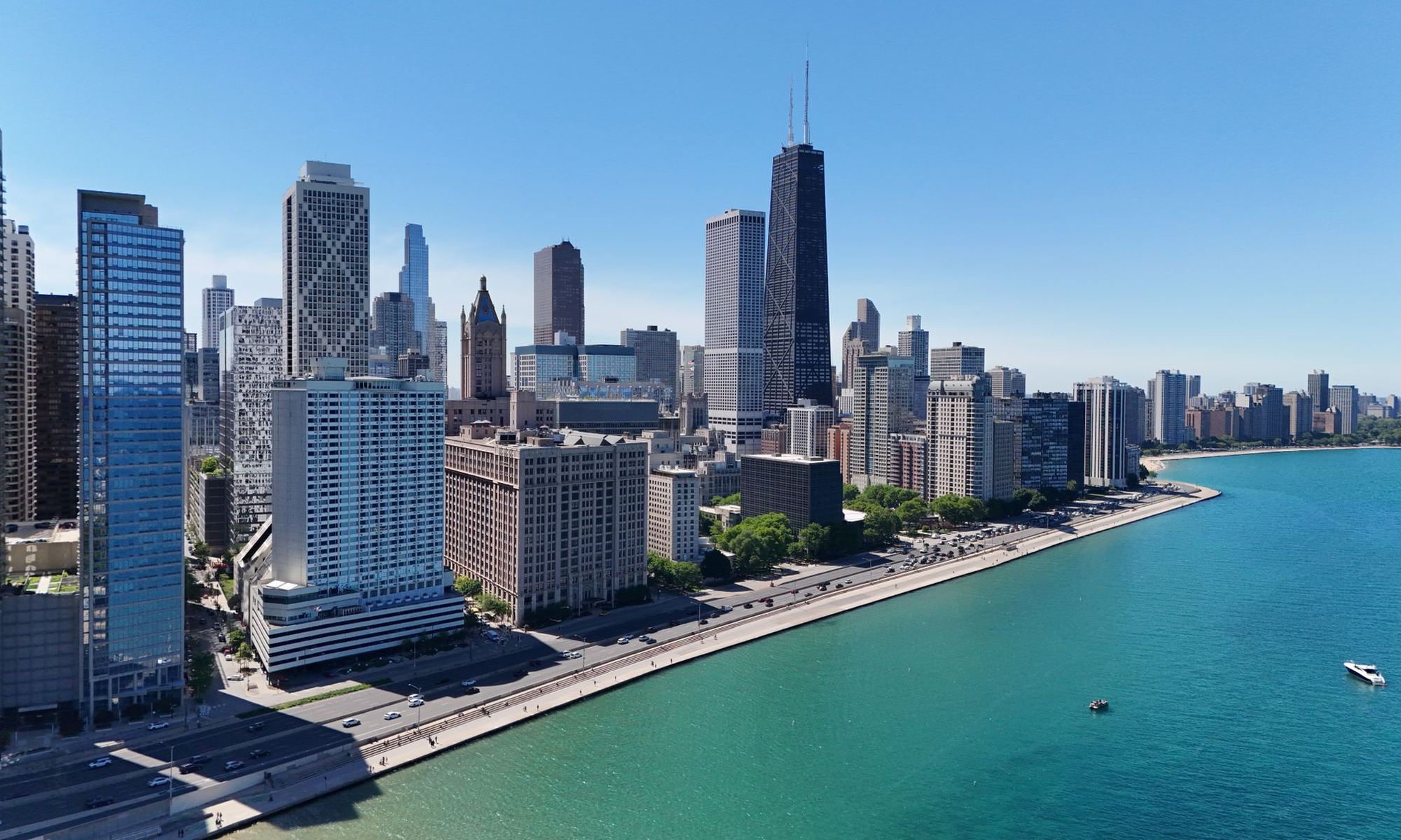 The John Hancock Center above the lakefront and Lake Shore Drive