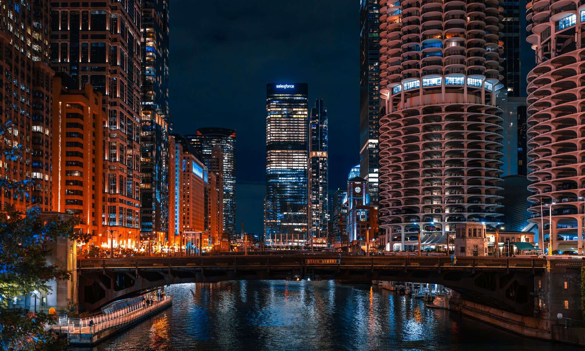 Marina City and the Chicago River at night